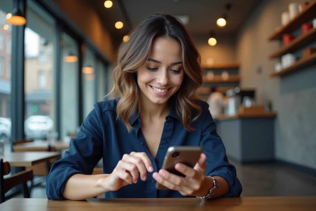 Femme utilisant un service SMS gratuit et anonyme depuis son téléphone dans un café urbain