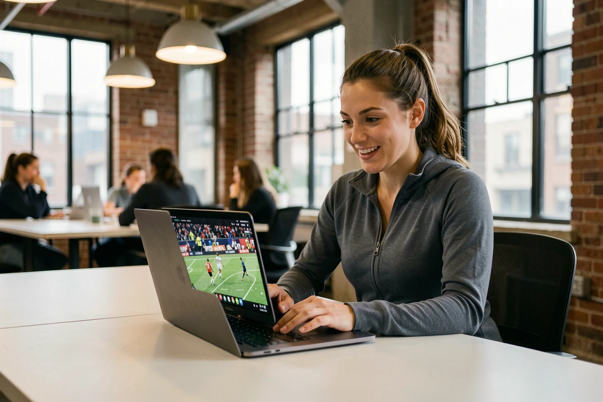Jeune femme suivant un événement sportif en streaming sur son ordinateur portable dans un espace de coworking moderne