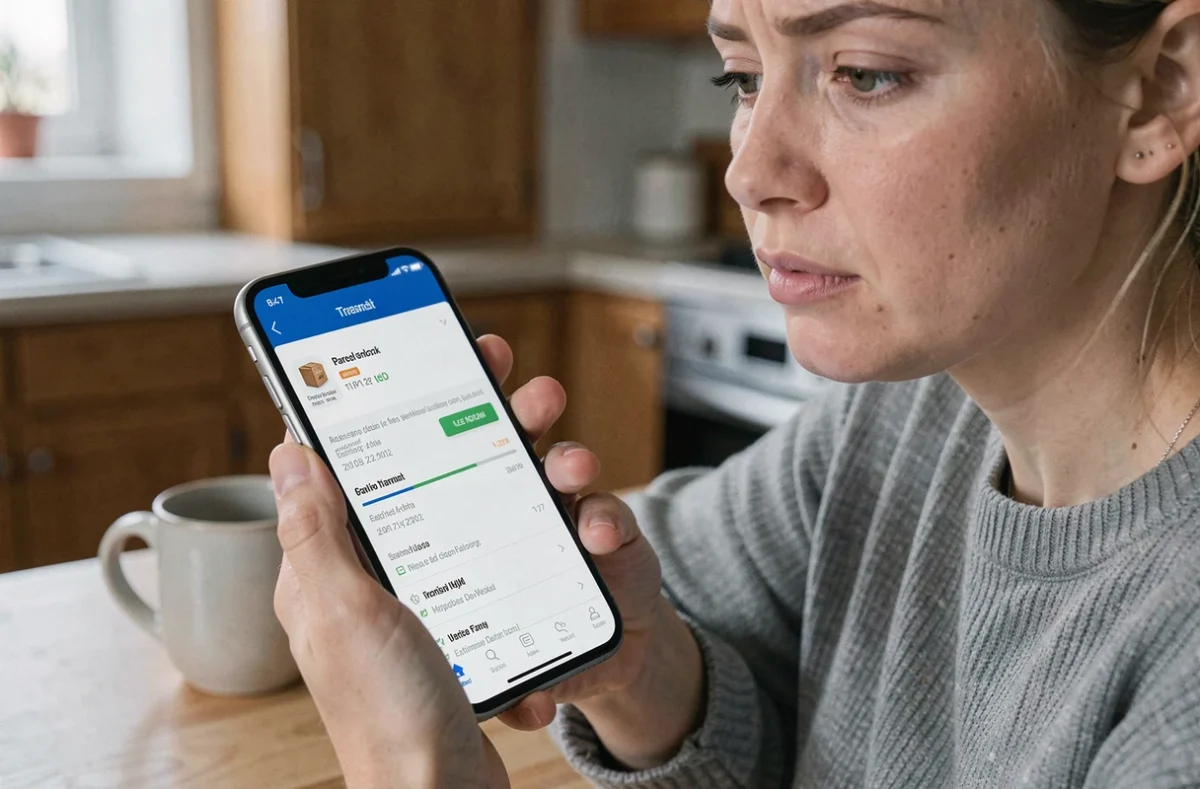 Femme consultant le suivi de son colis en transit sur son smartphone depuis chez elle
