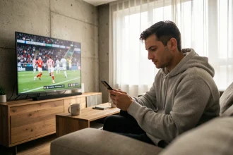 Homme regardant un match de sport en direct sur grand écran tout en consultant une application sportive sur son smartphone depuis son canapé