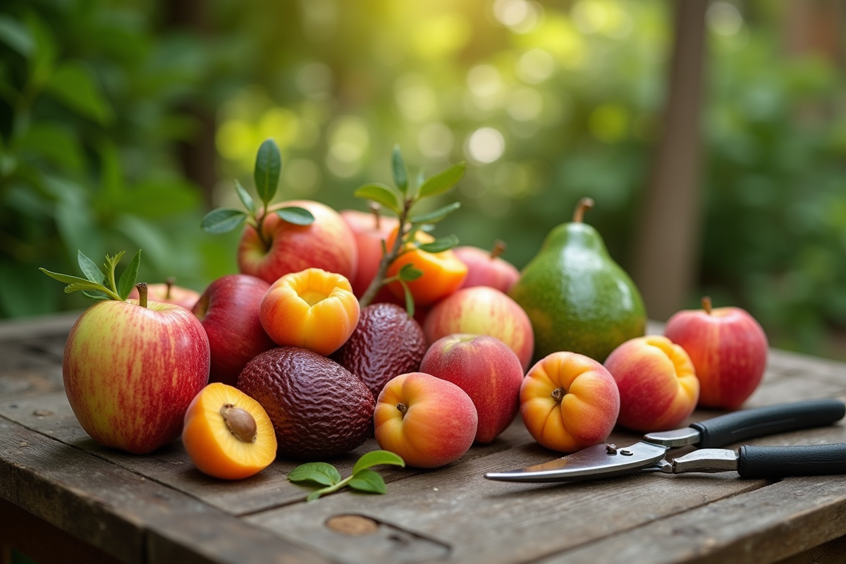 Table en bois avec fruits récoltés comme pommes et abricots