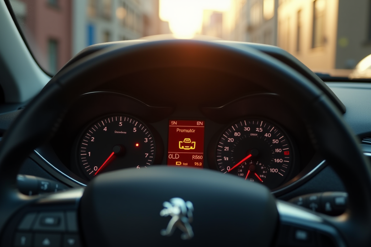 Tableau de bord Peugeot avec voyant moteur allumé en lumière naturelle