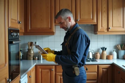 Technicien de lutte contre les nuisibles dans une cuisine française