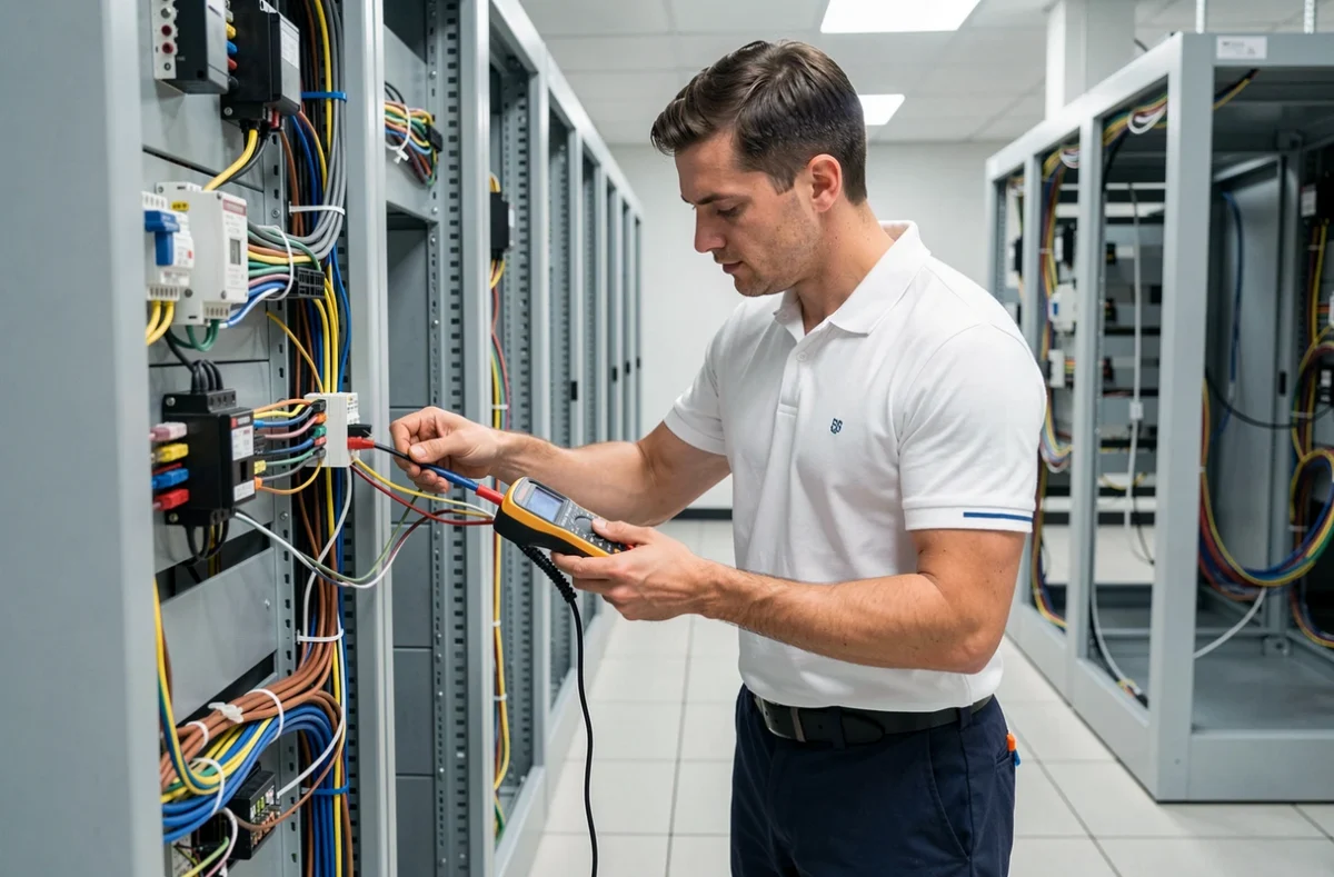 Électricien de TEDC testant une installation électrique basse tension dans une salle technique à Saint-Étienne