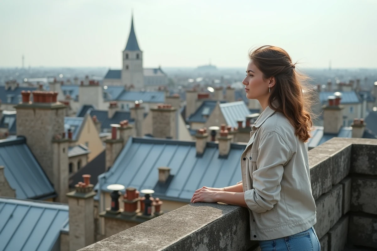 Femme sur un toit parisien regardant les toits de zinc d'un quartier anciennement faubourg