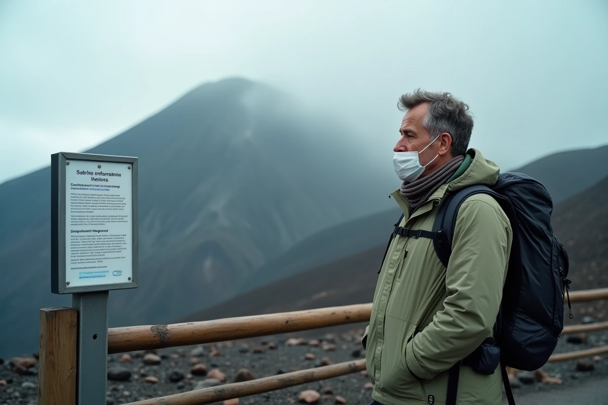 Touriste consultant un panneau de sécurité sur les pentes de l'Etna lors d'une visite encadrée en Sicile