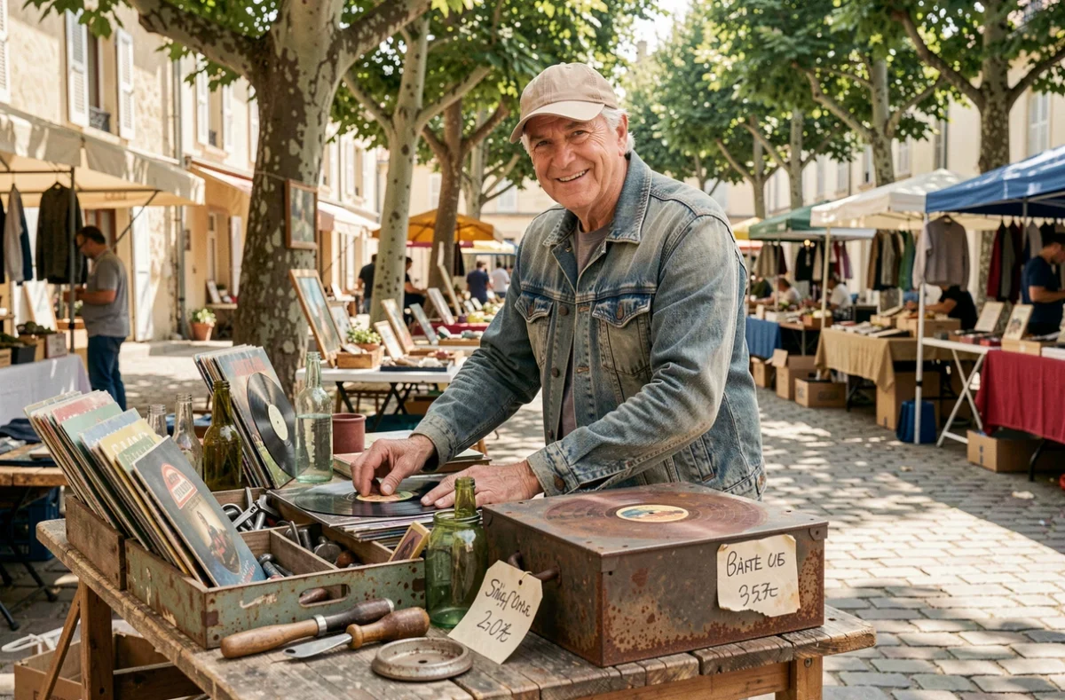 Vendeur de vide grenier arrangeant ses objets vintage sur une place de bourg dans l'Ain