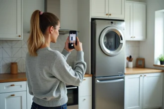 Femme photographiant son lave-linge avec un smartphone pour vendre son électroménager en ligne