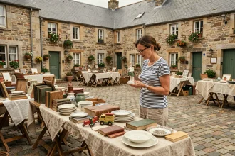 Vide grenier animé sur une place de village breton dans le Morbihan avec des tables couvertes d'objets vintage et de curiosités