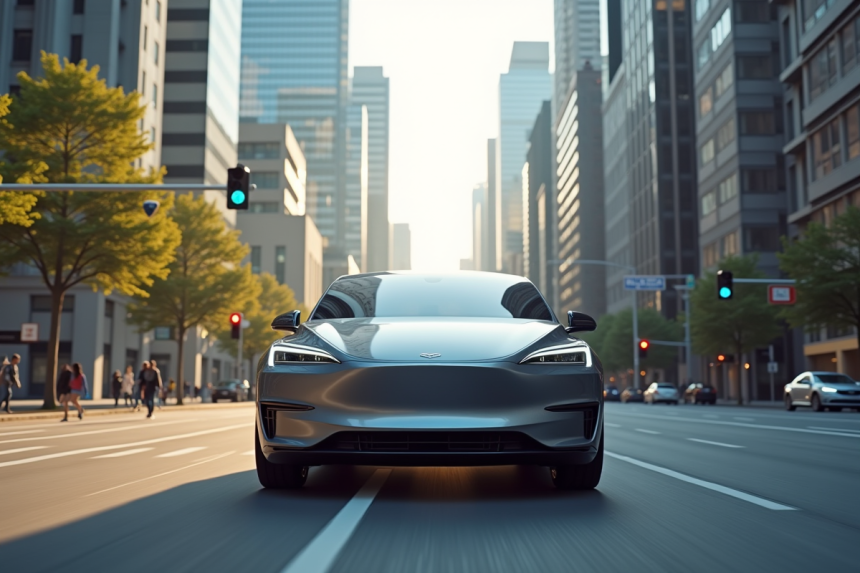 Voiture électrique autonome moderne dans une ville futuriste